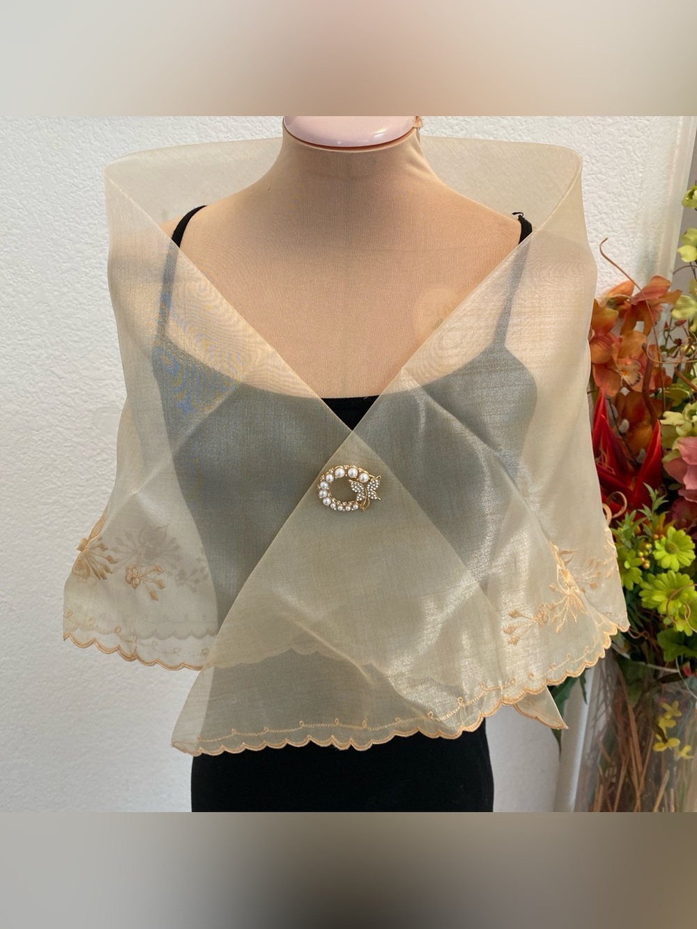 Filipiniana Alampay Sheer Champagne Organza Shawl with Pearl Brooch